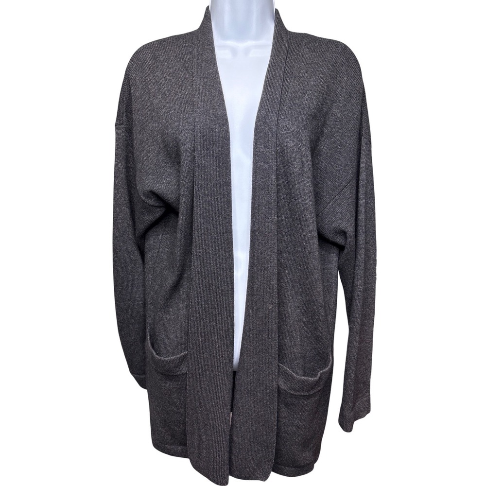 ANNE KLEIN Gray 100% Cashmere Open Front Cardigan Sweater L Quiet Luxury Elegant
